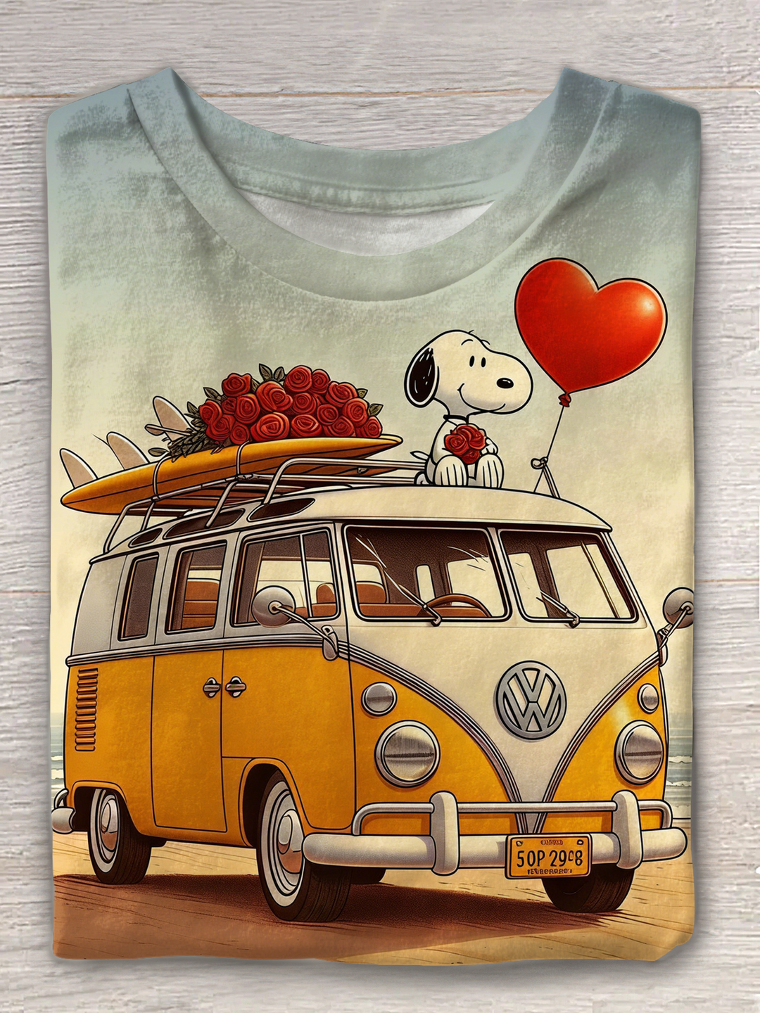 Snoopy and Woodstock the Fun Volkswagen Bus Crew Neck T-shirt