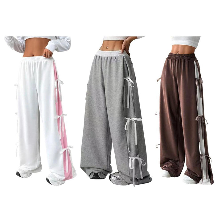 Women's Baggy Sweatpants Bow Tie Elastic Waist Casual Wide Leg Sports Pants with Pocket for Daily Running accepted