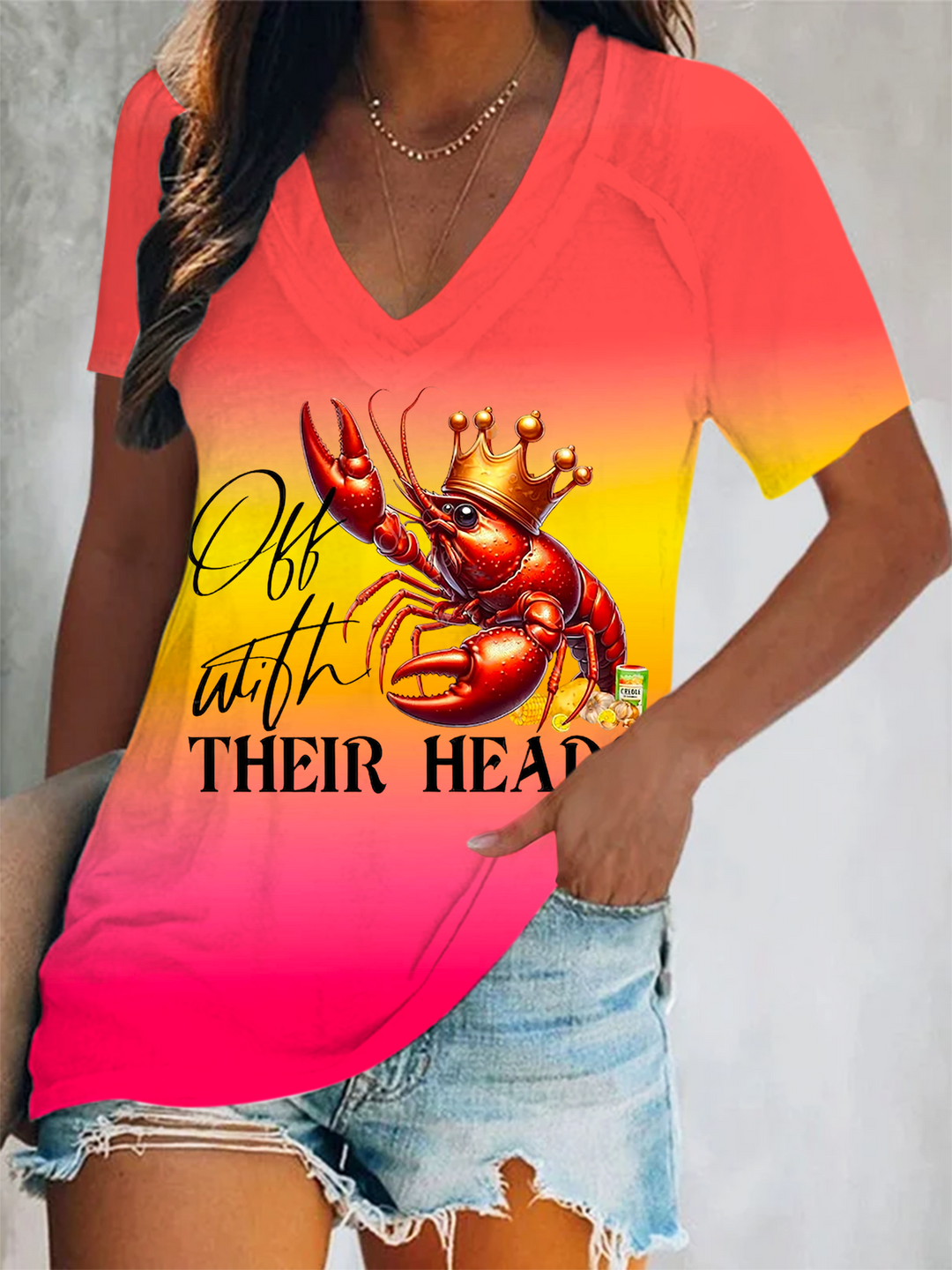 Crawfish King Short Sleeve V Neck Print Top