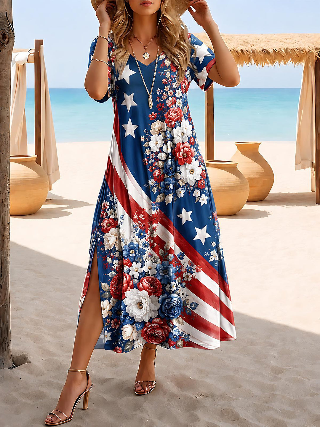 Independence Day Stars And Stripes Floral Vacation Women's Short Sleeve V Neck Maxi Dress