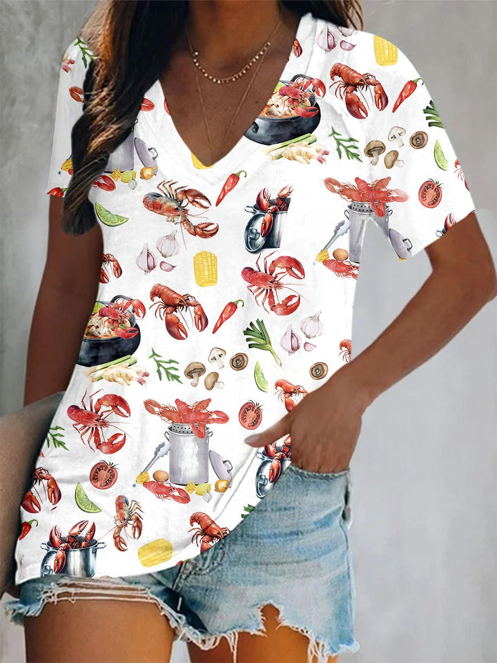 Fun Crawfish Boil Party Print Short Sleeve V Neck Print Top