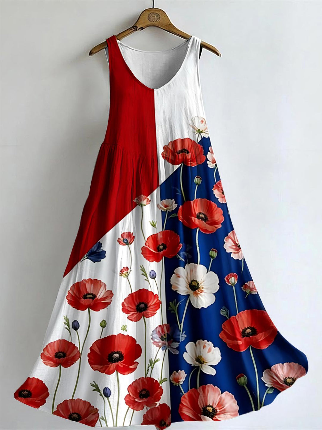 Floral Women's V Neck Bamboo Linen Sleeveless Dress