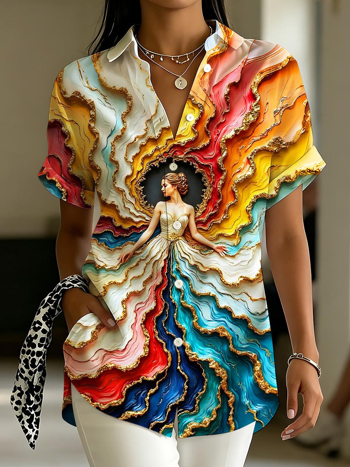 Art Marble Gold Foil Colorful Gown Women's Short Sleeve Shirts