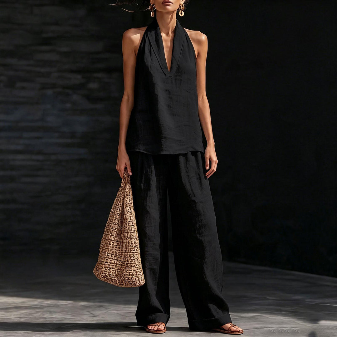 Summer Outfits for Women 2 Piece Set Deep V Neck Sleeveless Loose Fit Halter Top and Wide Leg Pants for Beach classical