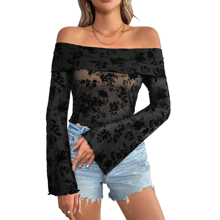 Off The Shoulder Mesh Top Flare Long Sleeve Summer Slim Fit Off Shoulder Flocked Mesh Tops for Daily Wear stylish