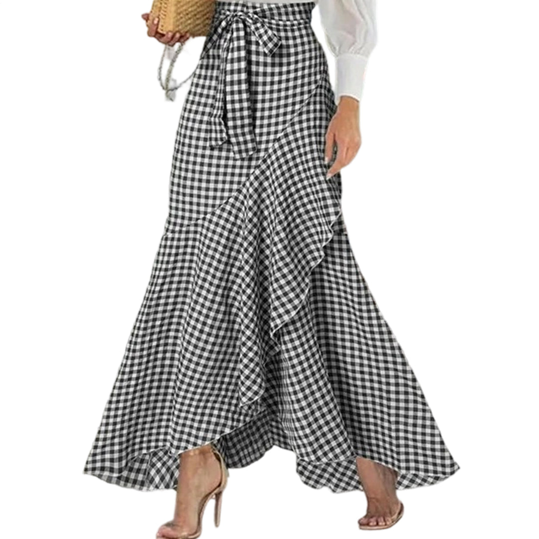 Long Plaid Skirt Mermaid A Line Women High Waist Flowy Ruffle High Low Skirts Waist Tie Clothes Daily Wear capable