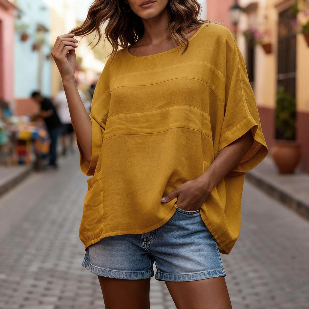 Women's Linen Shirt 3/4 Batwing Sleeve Summer Casual Crewneck Shirts Lightweight Flowy Blouses for Travel reasonable