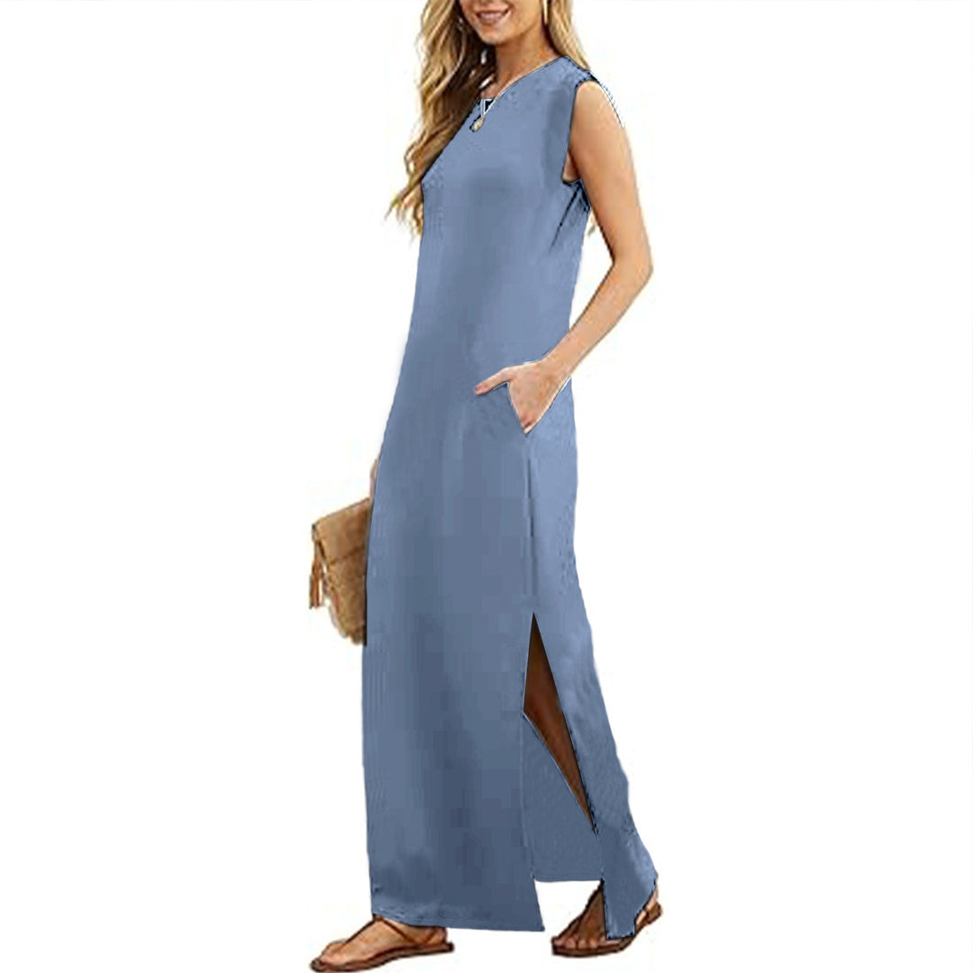 Tank Maxi Dress Sleeveless Solid Color Maxi Dress Loose Fit Side Slit Sundress for Fashionable Daily Wear Vacation Dating classy