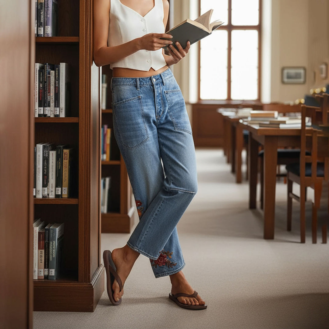 Cropped Jeans for Women Floral Embroidered Casual Summer Straight Leg Jeans Mid Rise Denim Pants for Travel thrifty