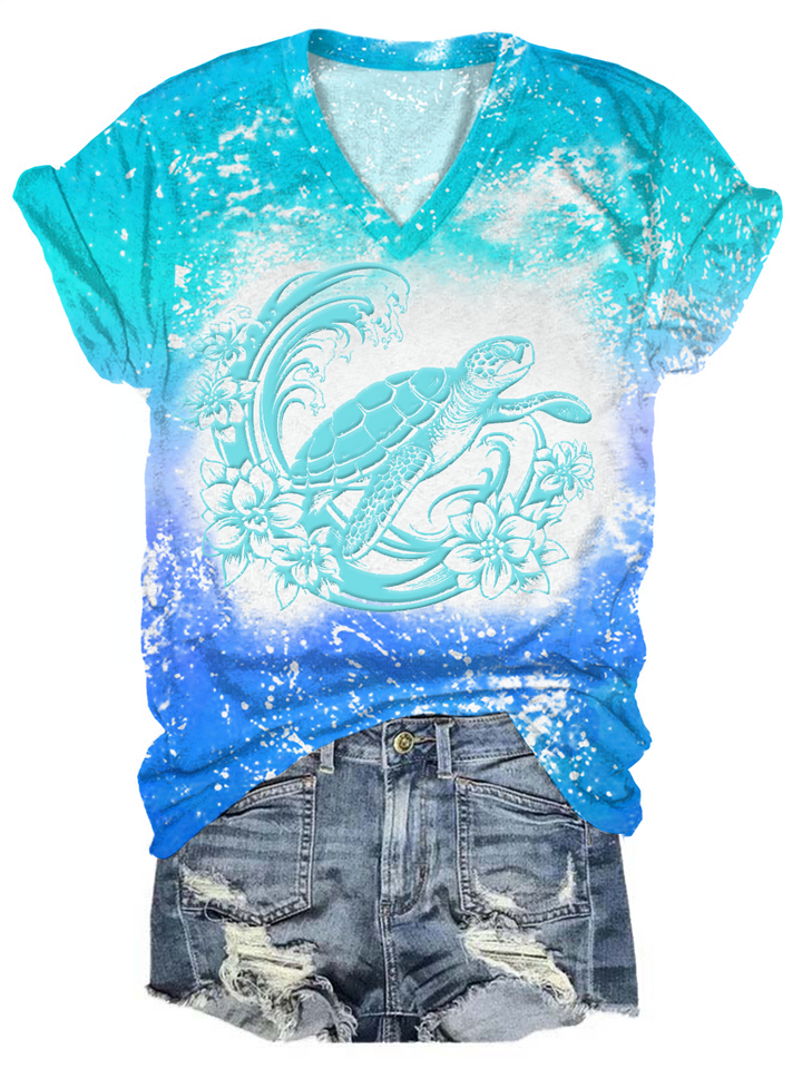 Floral Sea Turtle V-neck T-Shirt