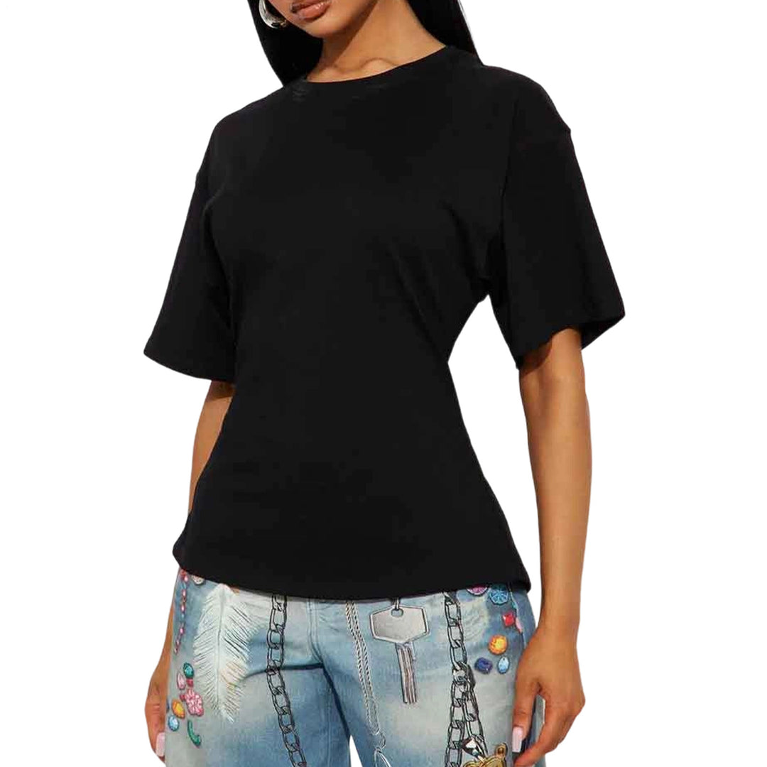 Zipper Back Shirt for Women Back Zipper Crewneck Short Sleeve Cinched Waist Top for Daily Wear Vacation method