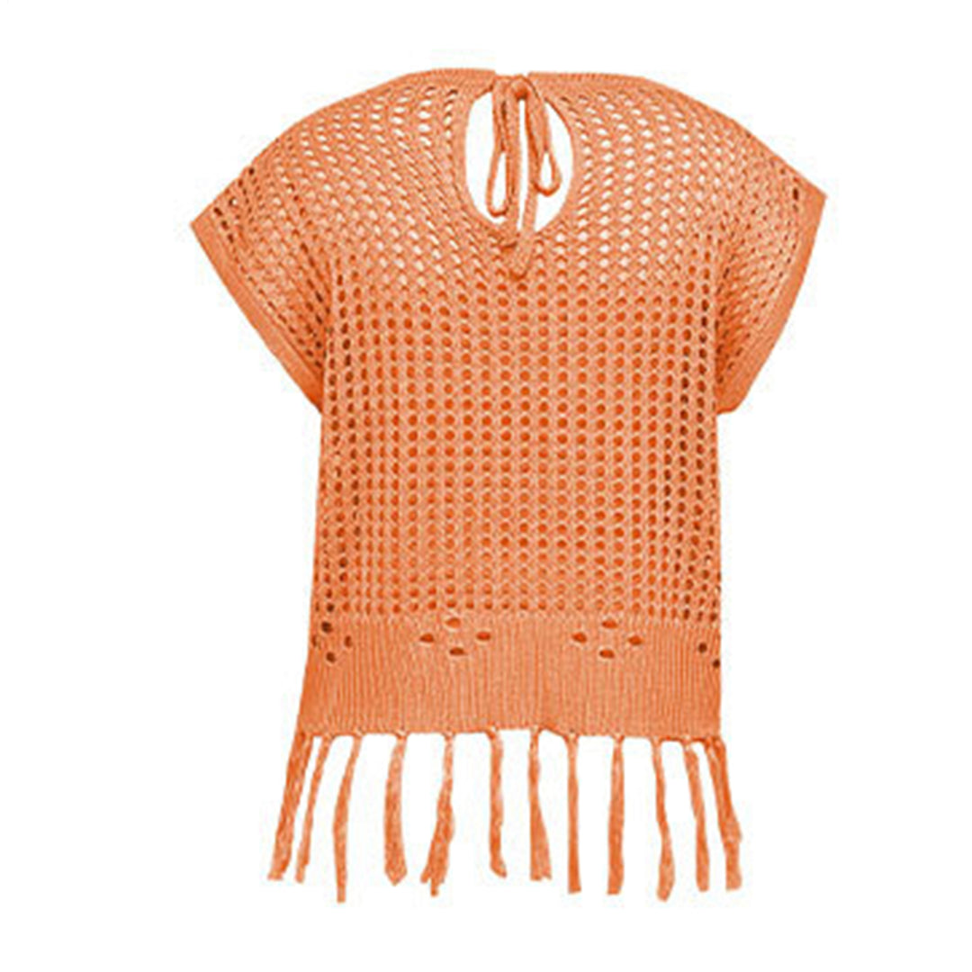 Crochet Tops for Women Tassel Hollow Out Summer Knit Top Crewneck Short Sleeve Pullover Cover Up for Travel usefulness
