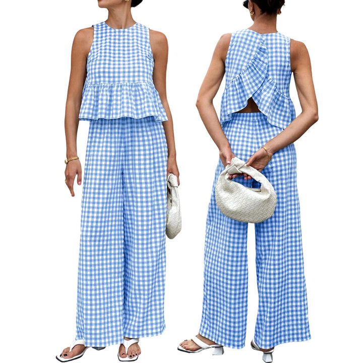 Womens Gingham Set Ruffle Plaid Peplum Tops and Pants Summer Vacation Going Out Sets for Daily Wear Beach admired