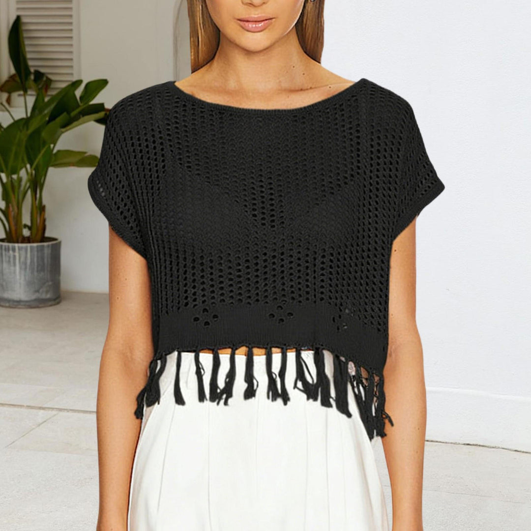 Crochet Tops for Women Tassel Hollow Out Summer Knit Top Crewneck Short Sleeve Pullover Cover Up for Travel usefulness