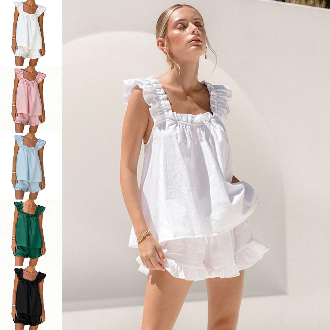 Shorts and Tank Pajama Set Ruffle Square Neck Sexy Sleeveless Loungewear Sleepwear Pj Set for Travel Home right