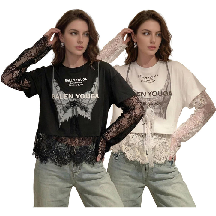 Lace Tshirt for Women Lace Splicing Long Sleeve Shirts Blouse Crew Neck Casual Layered Tee for Vacation Party superb