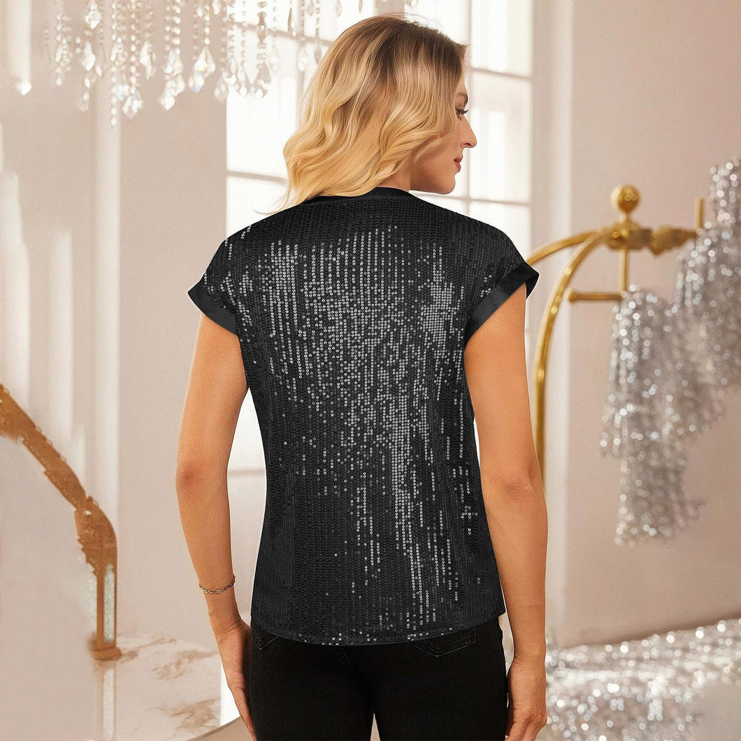 Sequin Shirts for Women V Neck Sequin Sparkly Tops Short Sleeve Dressy Casual Party Shirt for Club Going Out beautiful