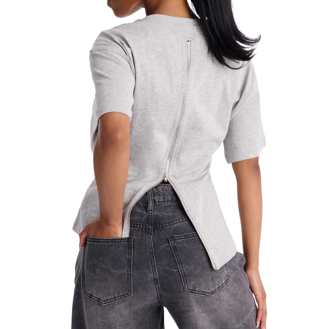 Zipper Back Shirt for Women Back Zipper Crewneck Short Sleeve Cinched Waist Top for Daily Wear Vacation method