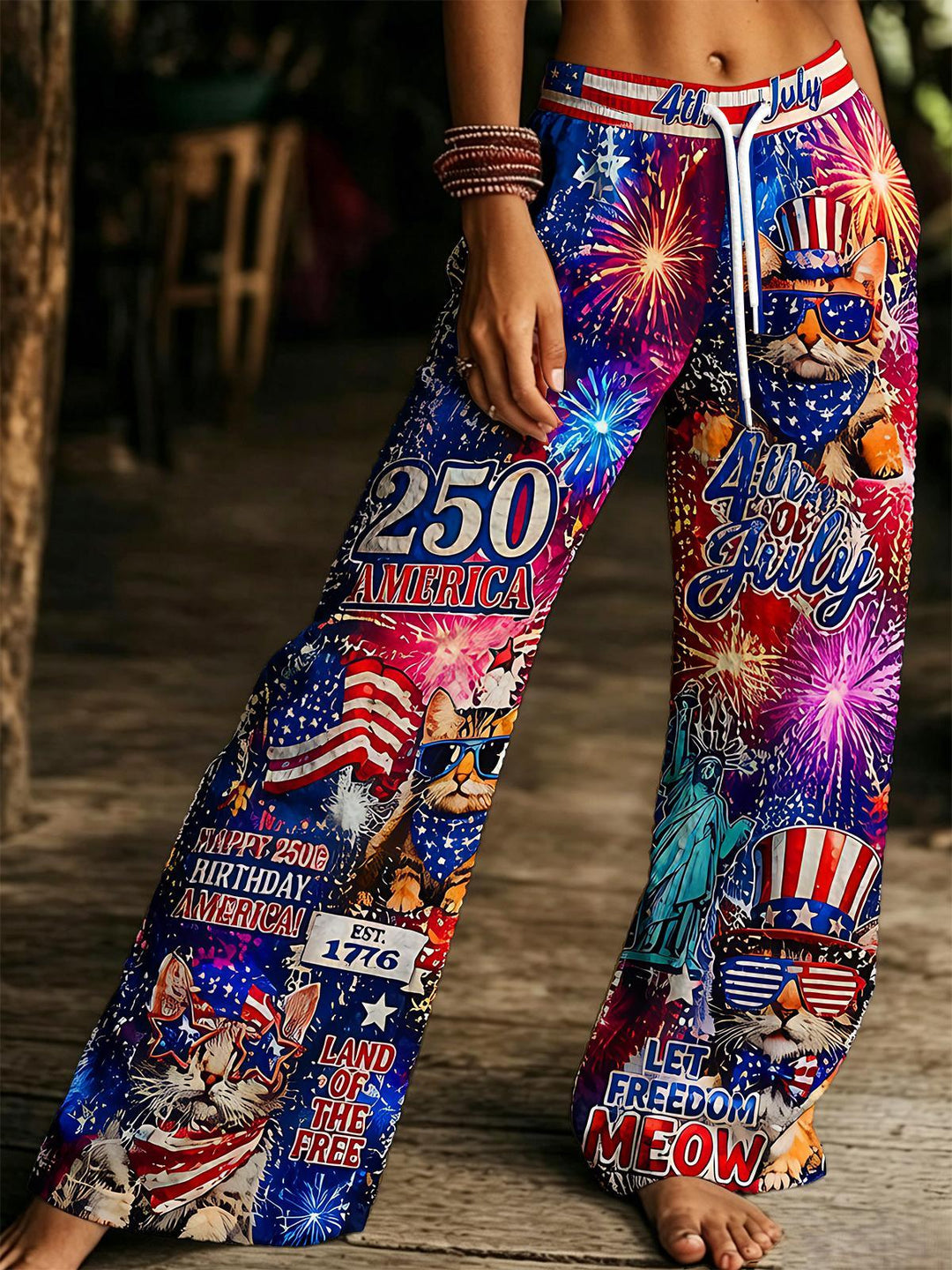America 250th Independence Day Fun Cat Fireworks Women's Drawstring Wide-Leg Pants