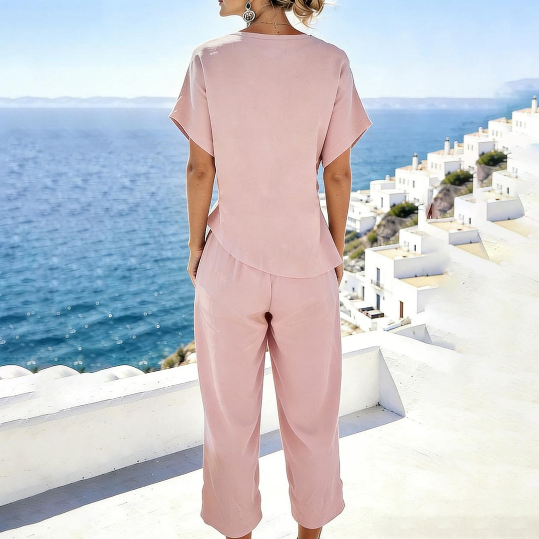 2 Piece Summer Sets for Women Wrap V Neck Side Twist Short Sleeve Solid Top Lounge Pants Outfits for Travel efficient