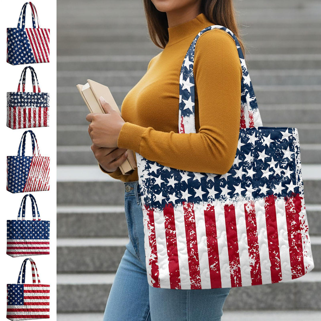 Quilted Tote Bag for Women American Flag Patriotic Handbags with Handles Travel Casual Purse for Vacation practical