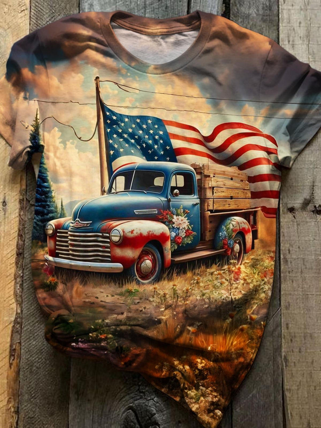 Vintage USA Flag Truck Crew Neck T-shirt