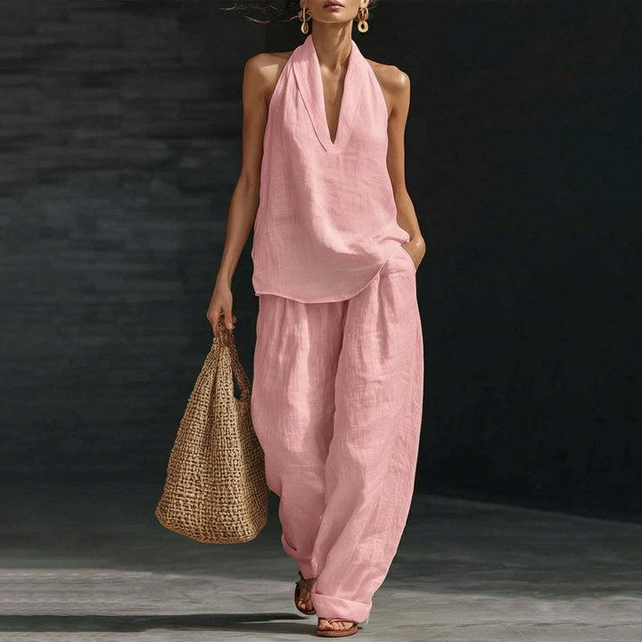 Summer Outfits for Women 2 Piece Set Deep V Neck Sleeveless Loose Fit Halter Top and Wide Leg Pants for Beach classical