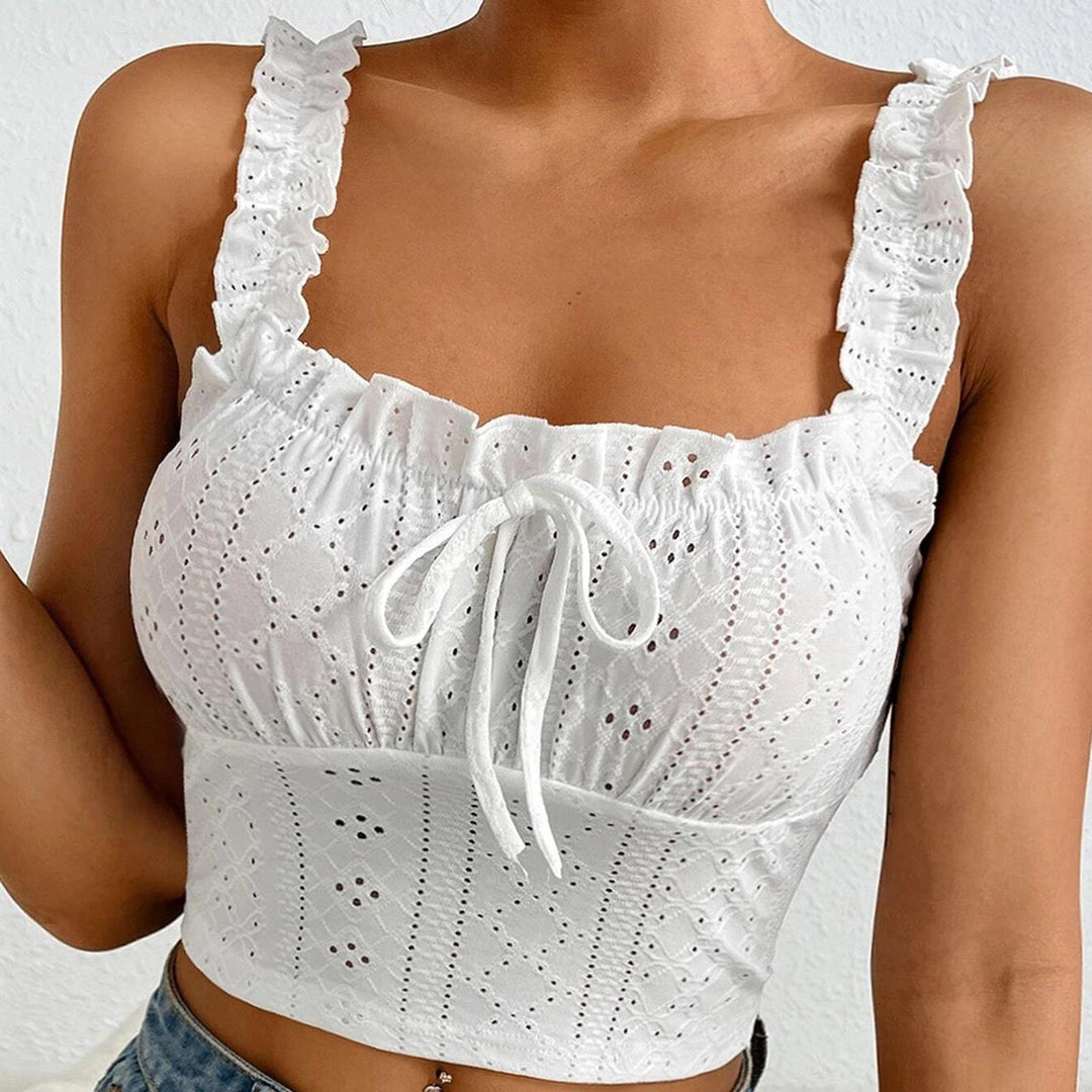 Eyelet Tank Tops for Women Ruffle Ruched Sleeveless Square Neck Tie Front Bust Crop Camisole Tops for Travel excellent