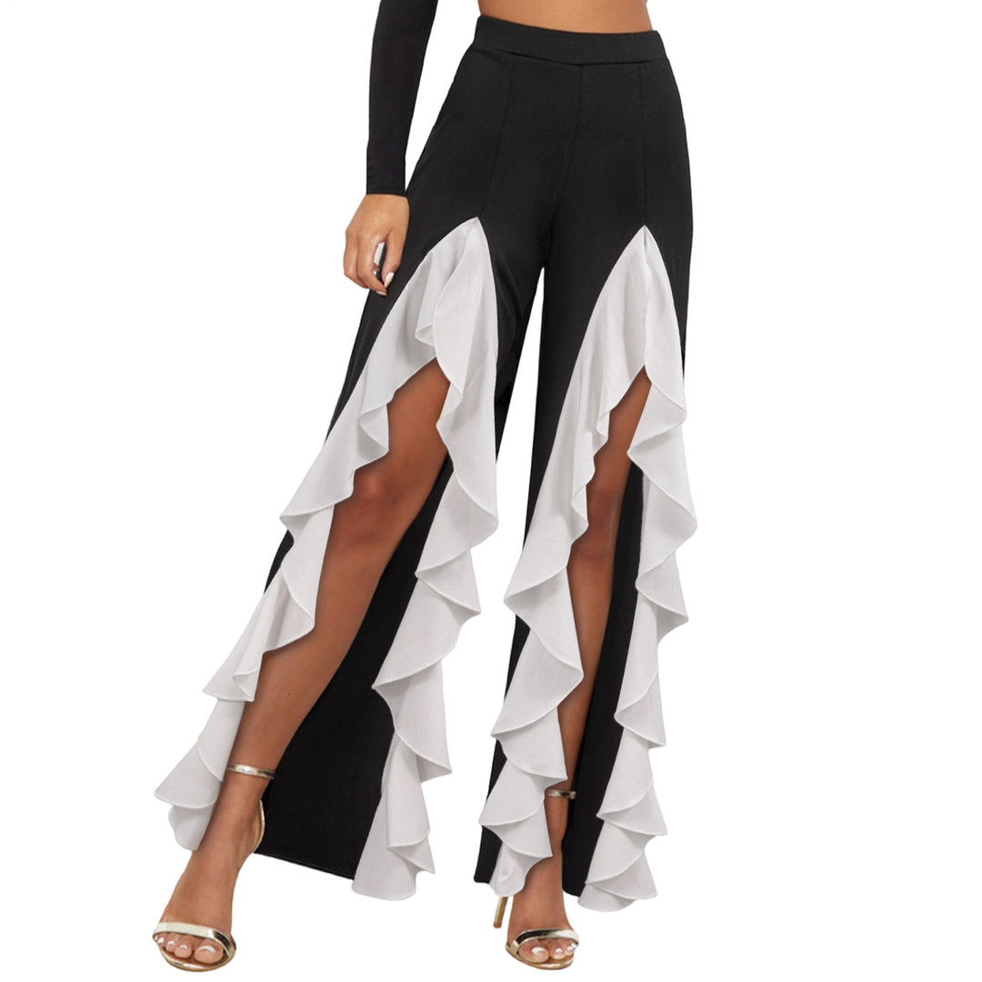 Womens Ruffle Pants Front Slit Flowy Loose Fit Wide Leg Trousers Elastic High Waist Lounge Pants for Dating improved