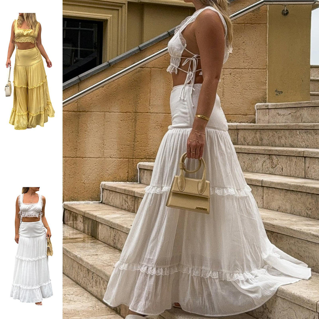 2 Piece Maxi Skirt Sets for Women Side Tie Boho Sleeveless Crop Tank Tops and High Waist Long Skirt for Beach top sale