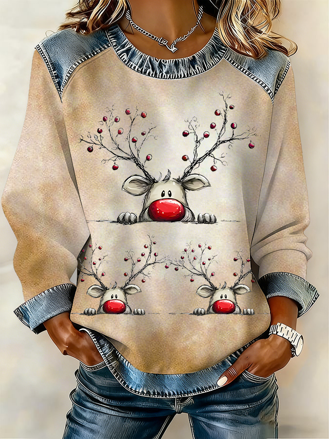 Women's Christmas Elk Raglan Spliced Crew Neck Sweatshirt