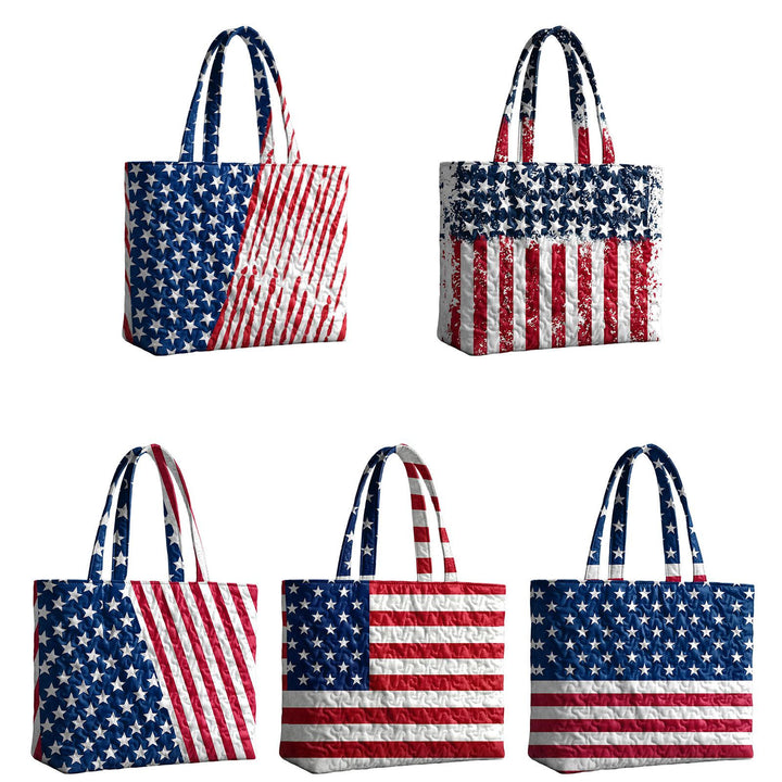 Quilted Tote Bag for Women American Flag Patriotic Handbags with Handles Travel Casual Purse for Vacation practical