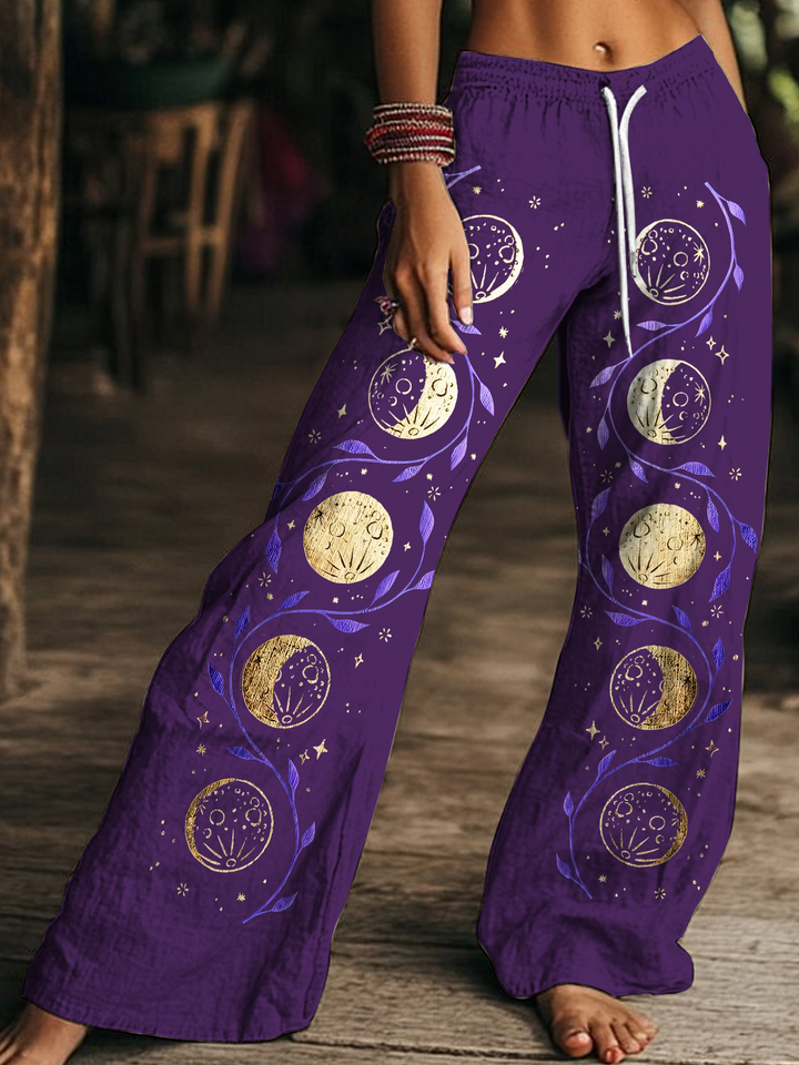 Retro Hippie Sun and Moon Art Women's Drawstring Wide-Leg Pants