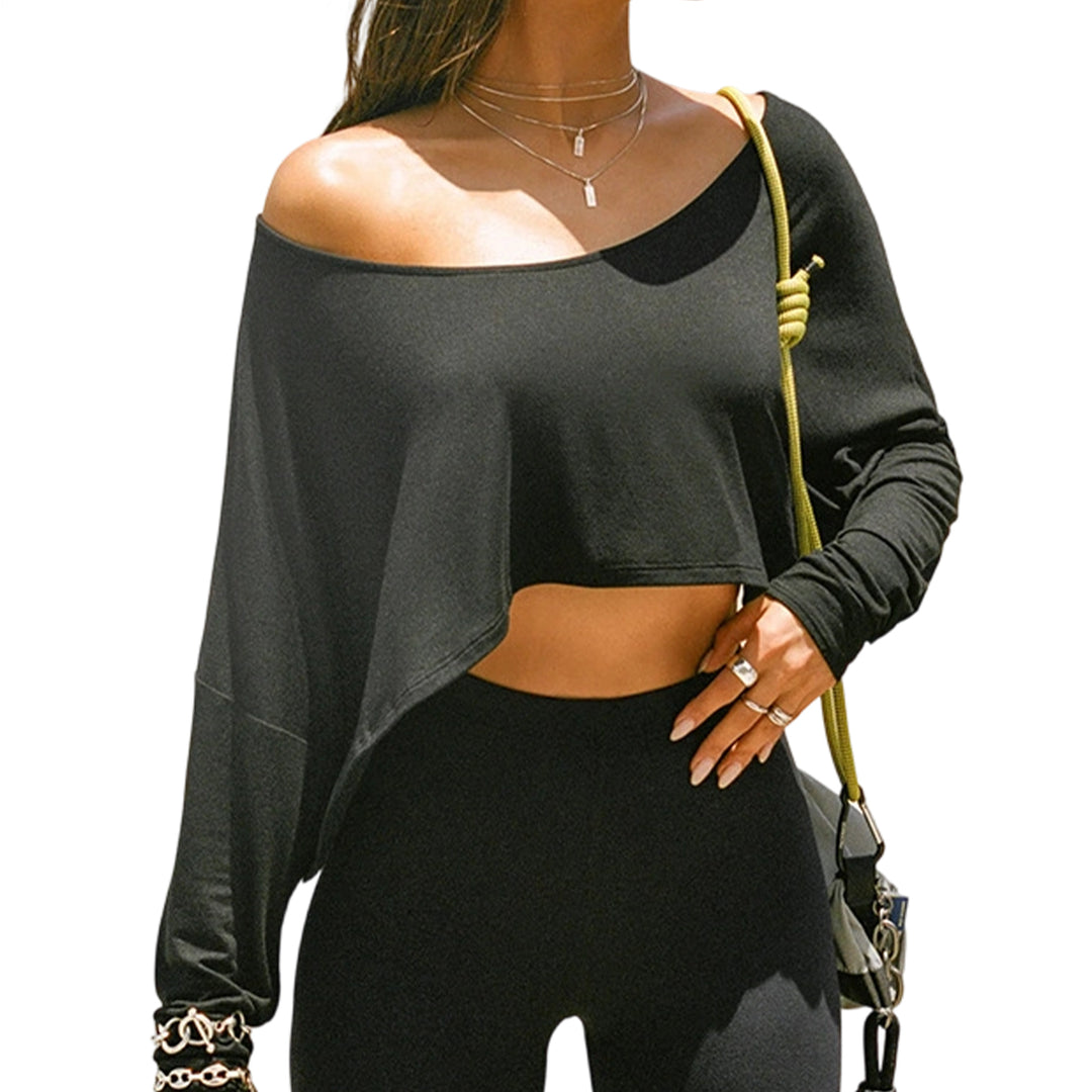 Off The Shoulder Crop Tops for Women Long Sleeve Slouchy Off The Shoulder Top Loose Casual T Shirt for Dating proficient