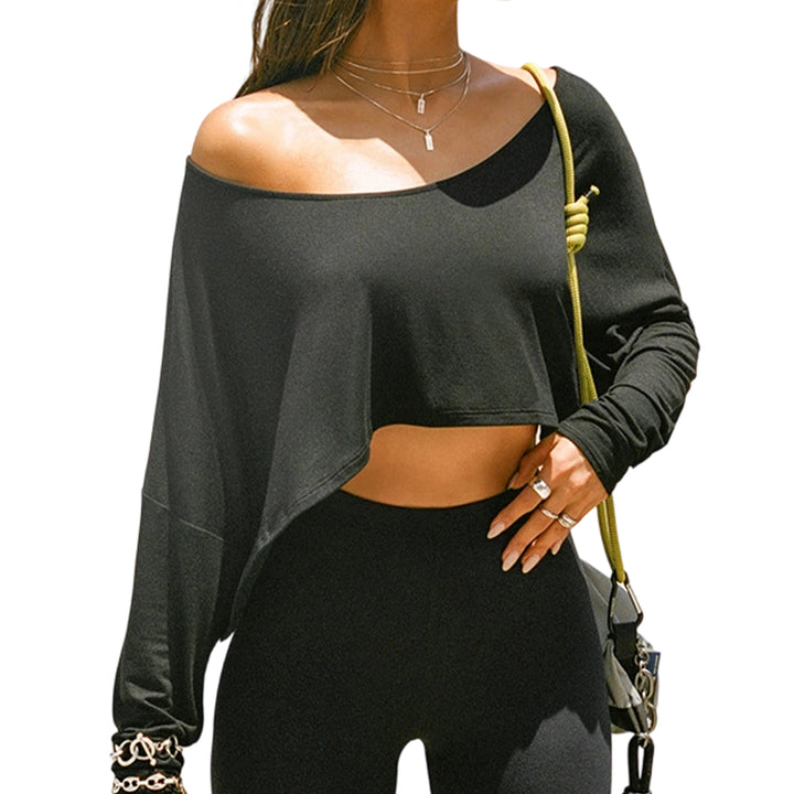 Off The Shoulder Crop Tops for Women Long Sleeve Slouchy Off The Shoulder Top Loose Casual T Shirt for Dating proficient
