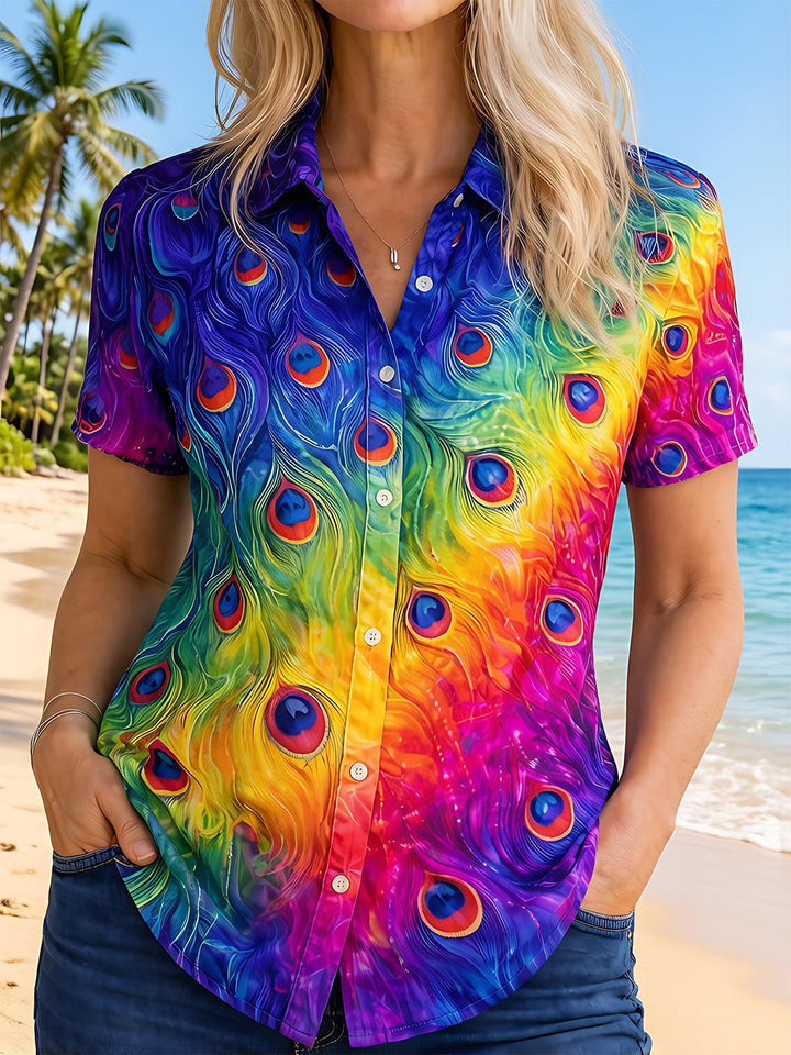 Colorful Gradient Peacock Feather Women's Short Sleeve Shirts