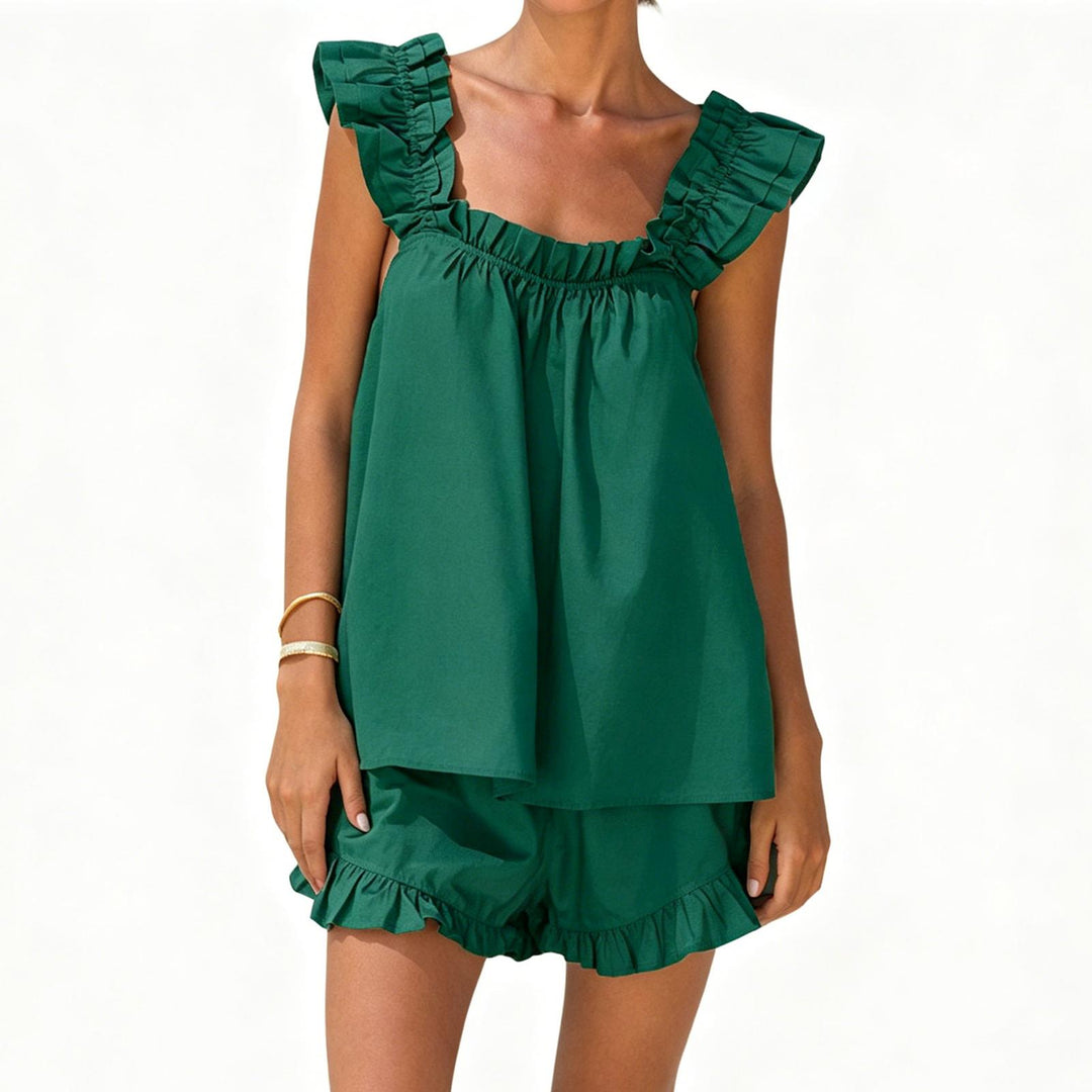 Shorts and Tank Pajama Set Ruffle Square Neck Sexy Sleeveless Loungewear Sleepwear Pj Set for Travel Home right