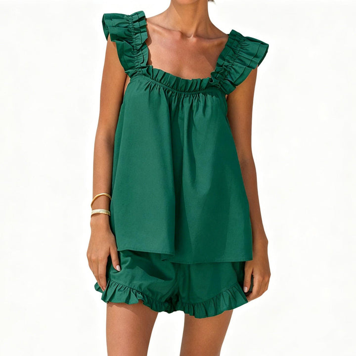 Shorts and Tank Pajama Set Ruffle Square Neck Sexy Sleeveless Loungewear Sleepwear Pj Set for Travel Home right