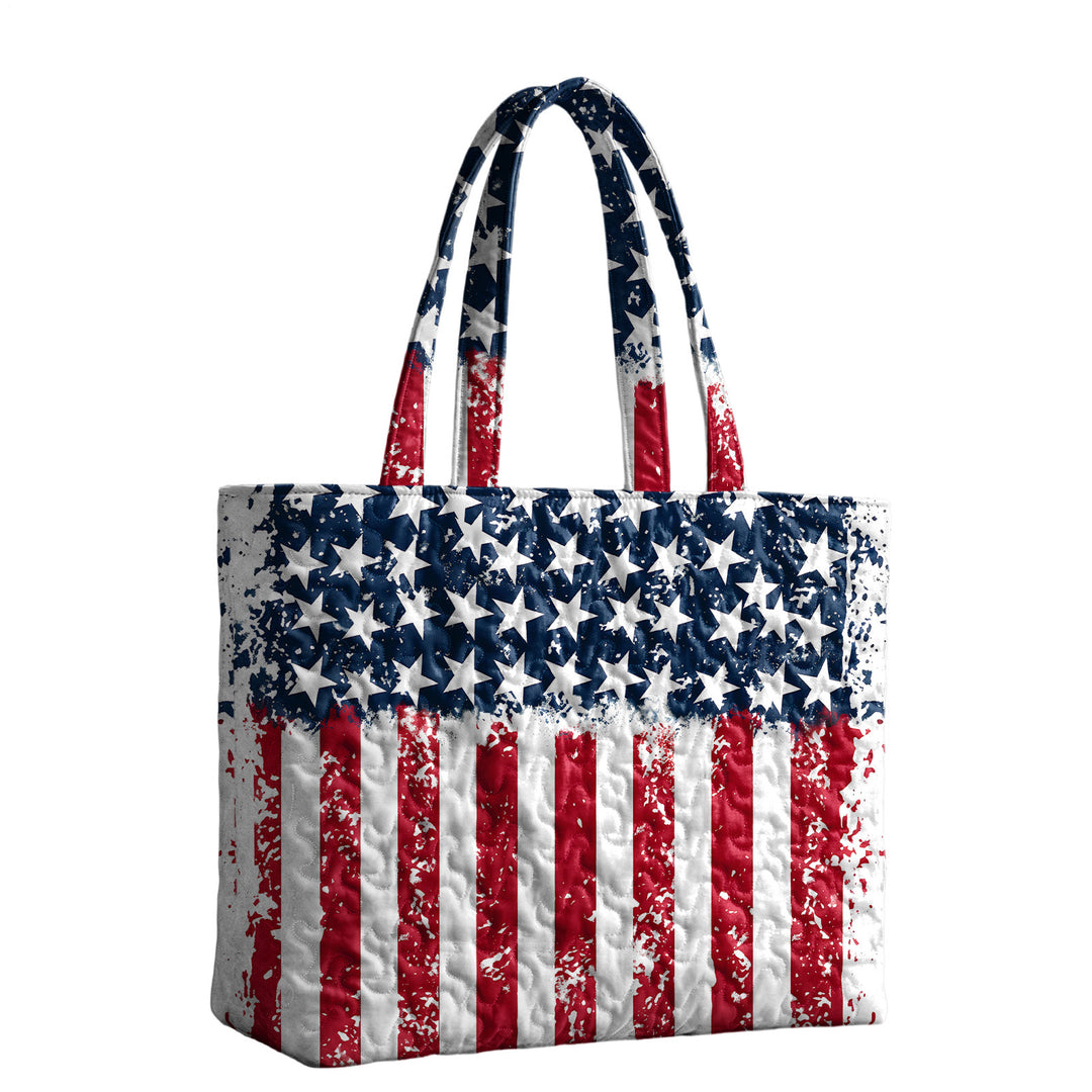 Quilted Tote Bag for Women American Flag Patriotic Handbags with Handles Travel Casual Purse for Vacation practical