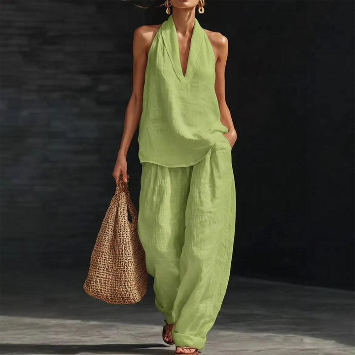 Summer Outfits for Women 2 Piece Set Deep V Neck Sleeveless Loose Fit Halter Top and Wide Leg Pants for Beach classical