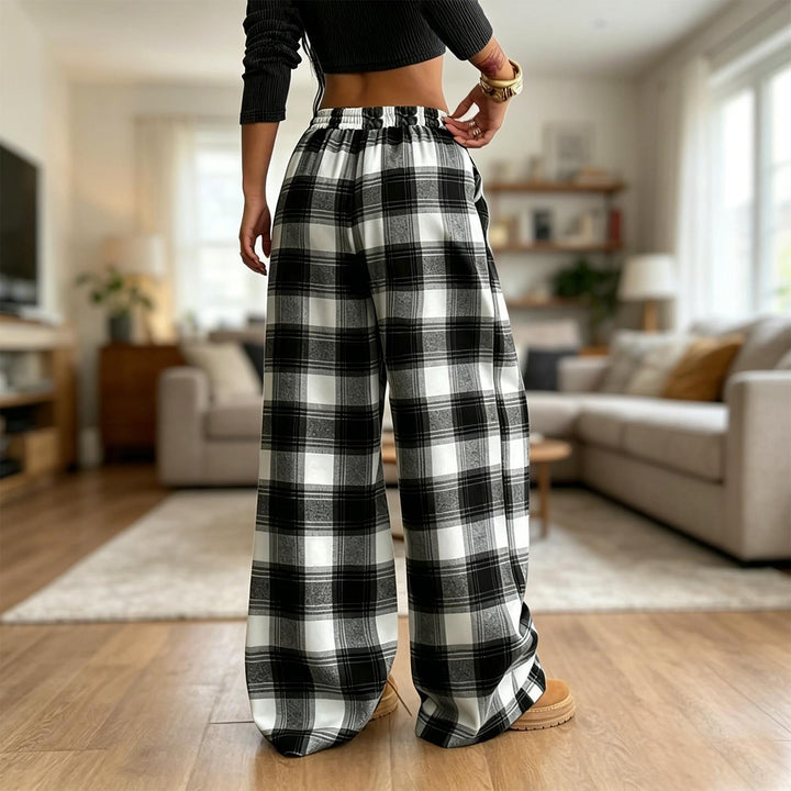 Plaid Pants for Women Wide Leg Drawstring Elastic Waist Trousers for Women with Pockets for Vacation Dating liberal