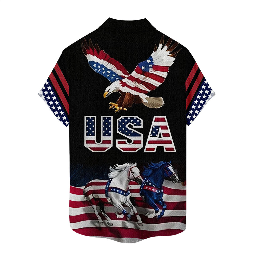 Flag Button Up Shirt Men Eagle Print Short Sleeve Button Down Patriotic Hawaiian Shirts for Parade Party amiable