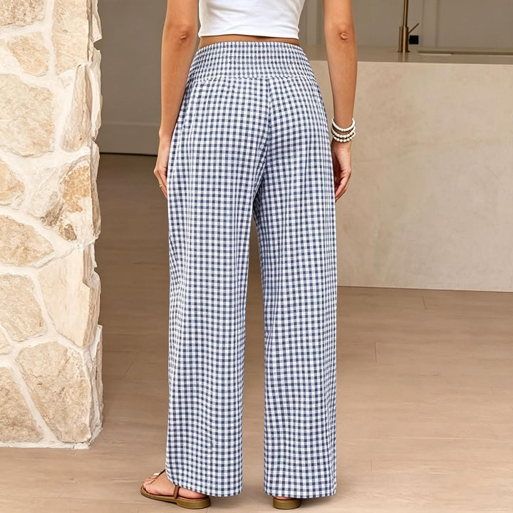 Women Gingham Pants Smocked Waist Plaid Pajama Lounge Pants Wide Leg Trousers with Pocket for Daily Wear gently