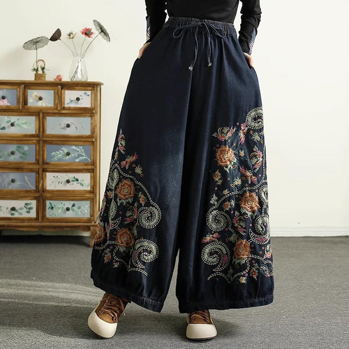 Womens Embroidered Jeans High Waisted Elastic Waist Denim Pants Baggy Trousers with Pockets for Travel Date fashionable