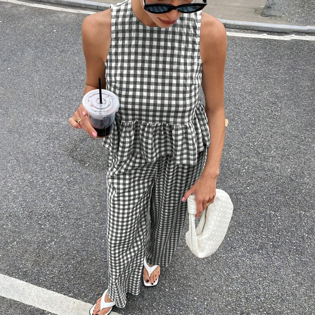 Womens Gingham Set Ruffle Plaid Peplum Tops and Pants Summer Vacation Going Out Sets for Daily Wear Beach admired