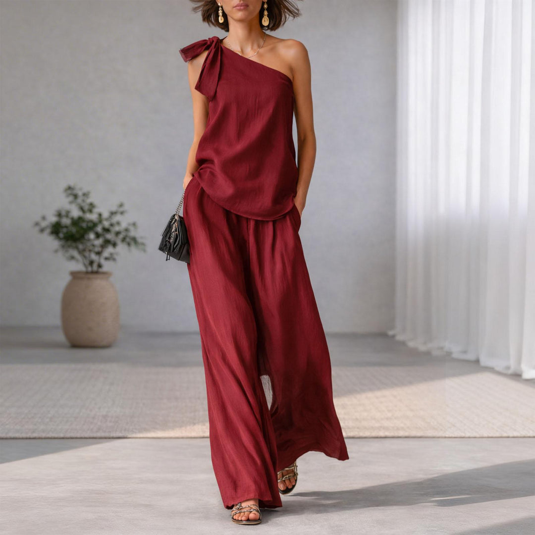Summer Outfits for Women 2 Piece Set Off Shoulder Asymmetrical Neck Tank Tops Wide Leg Pants Set for Travel refined