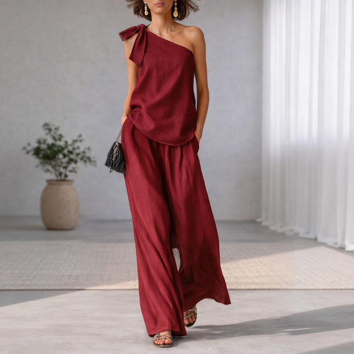 Summer Outfits for Women 2 Piece Set Off Shoulder Asymmetrical Neck Tank Tops Wide Leg Pants Set for Travel refined