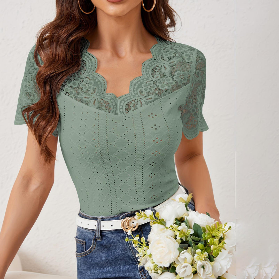 Womens Lace Shirt V Neck Dressy Casual Blouses Summer Fitted Shirts Short Sleeve for Going Out Commuting remarkable
