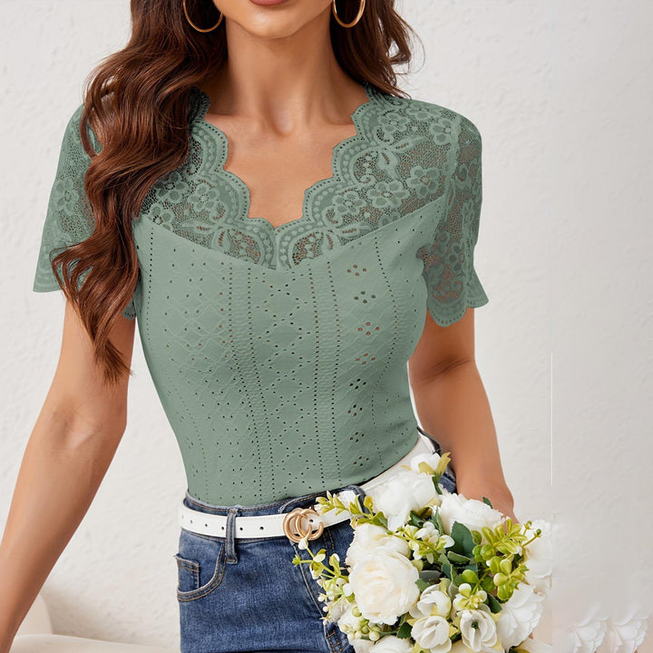 Womens Lace Shirt V Neck Dressy Casual Blouses Summer Fitted Shirts Short Sleeve for Going Out Commuting remarkable