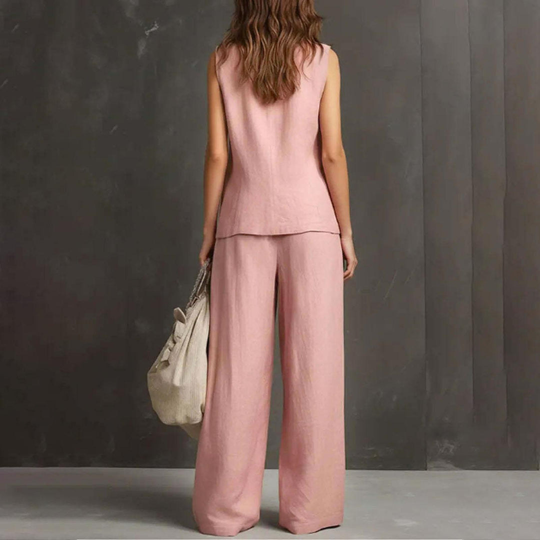 Womens Vest and Pants Set Two Piece Button Down Vest Top and Wide Leg Pants Casual Outfits for Work Travel ideal